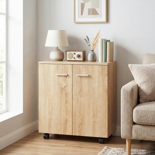 HOMCOM Mobile Sideboard Cabinet with 2 Doors Internal Shelves, Natural Wood