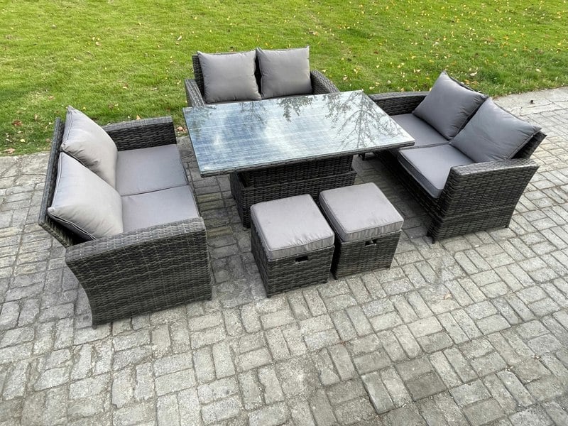 Fimous Wicker PE Rattan Garden Furniture Set - Dark Grey Mixed Height Adjustable Rising Lifting Table Sofa Dining Set