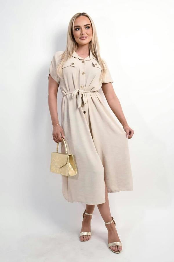 Annie Collared Button Down Short Sleeve Tie Waist Midi Dress - Beige