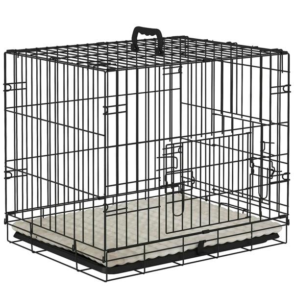 Foldable black dog crate with soft cushion and metal tray, two doors