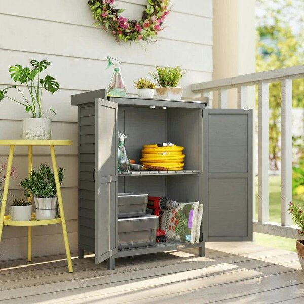 Wooden Garden Shed, Garden Tool Storage Shed with Shelf and Side Hooks, 71.5 x 39 x 95 cm, Grey - Grey