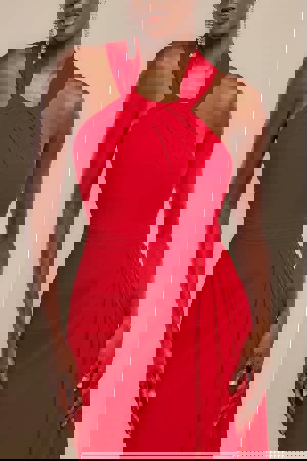 Halterneck Thigh Split Chiffon Maxi Dress - Red DR4610