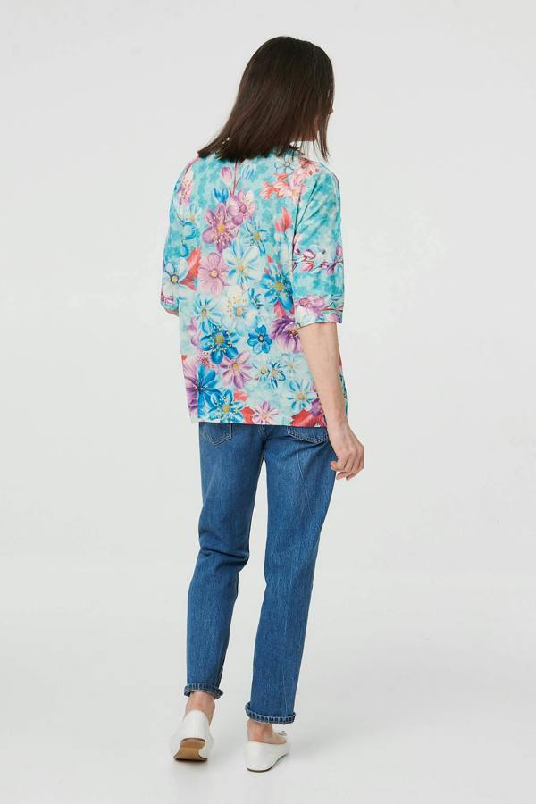 Green | Floral 1/2 Sleeve Relaxed Knit Top