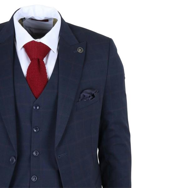 TruClothing IM54 - Men's Navy Blue Check Tailored Fit 3 Piece Suit