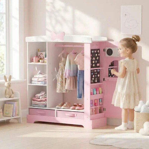 Kids Wardrobe with Lighted Mirror, Clothes Rail, Jewelry Cabinet, Shelves, Storage Boxes for Bedroom, Nursery, Pink - Pink