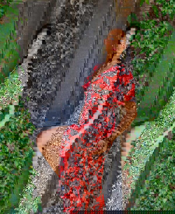 Red Floral Satin Wrap Midi Dress