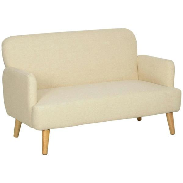 Cream velvet loveseat sofa with rounded arms and thick padded seat, wood legs.