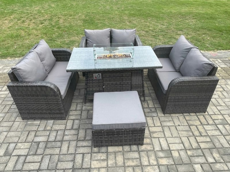 Fimous Rattan Outdoor Garden Furniture Sofa Set Gas Fire Pit Dining Table Gas Heater with Love Sofa Big Footstool Dark Grey Mixed