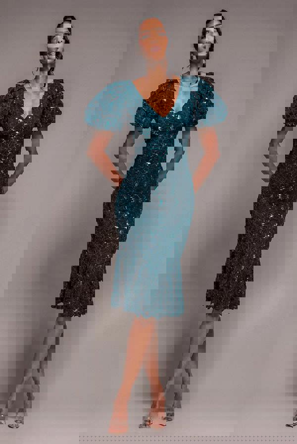 Sequin Lace Puff Sleeve Fit & Flare Midi Dress - Teal Blue DR4508