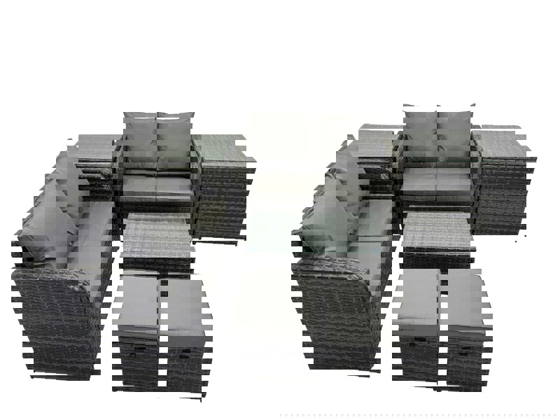 Fimous Outdoor Love Sofa Coffee Table Set Garden Rattan Furniture Set 6 Seater with 2 Small Stools 2 Side Tables Dark Grey