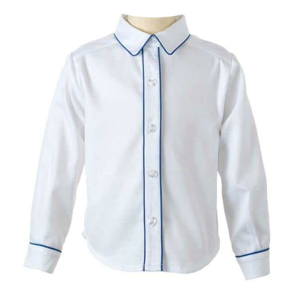 Boys white pique shirt, trimmed with blue pipping at collar edge, cufs and button placket.