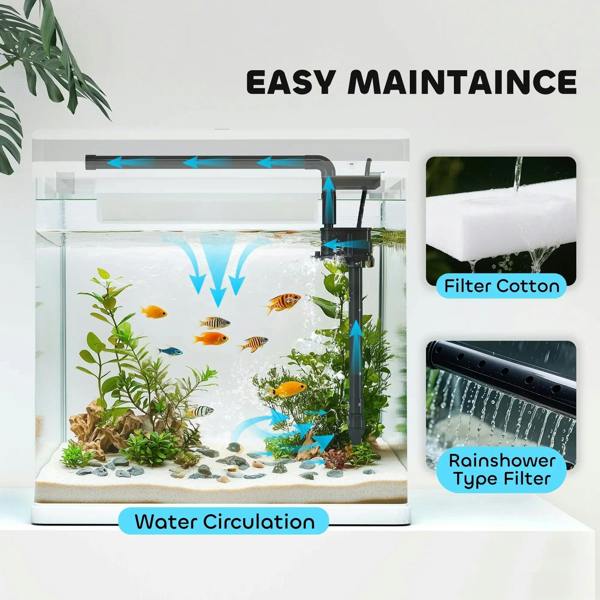 LED glass aquarium with water circulation pump, filter cotton, and rain-shower inlet