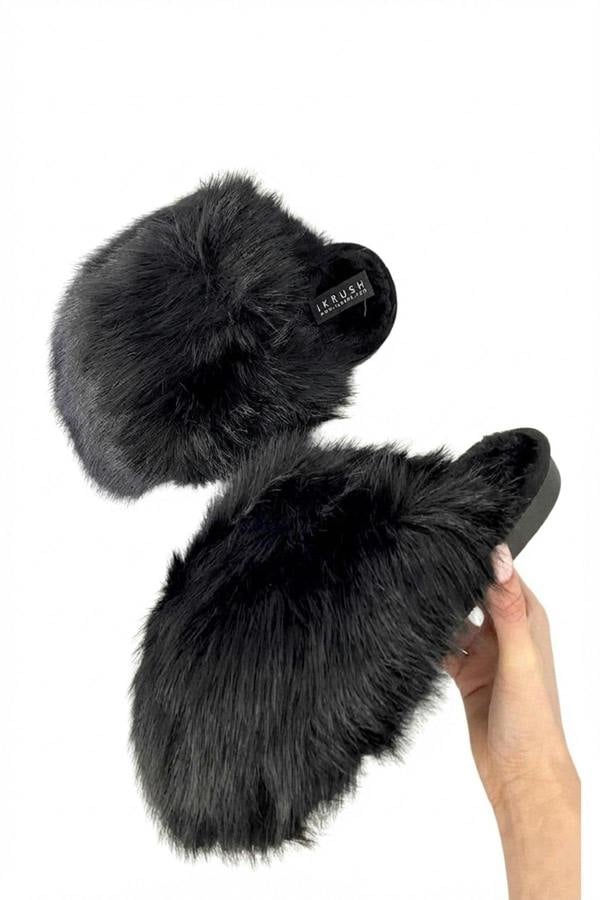 Nadia Fluffy Faux Fur Slippers - Black_wb