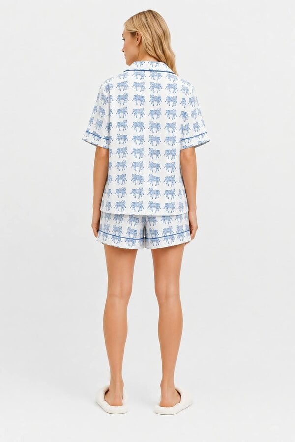 Delicate woodblock horse print short sleeve, short trousers cotton pyjamas in soft blues