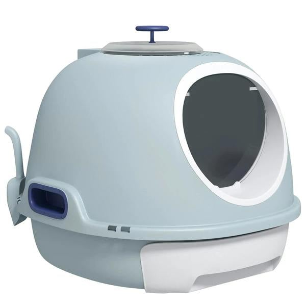 Blue enclosed cat litter box with circular front entry and swing-out side handle