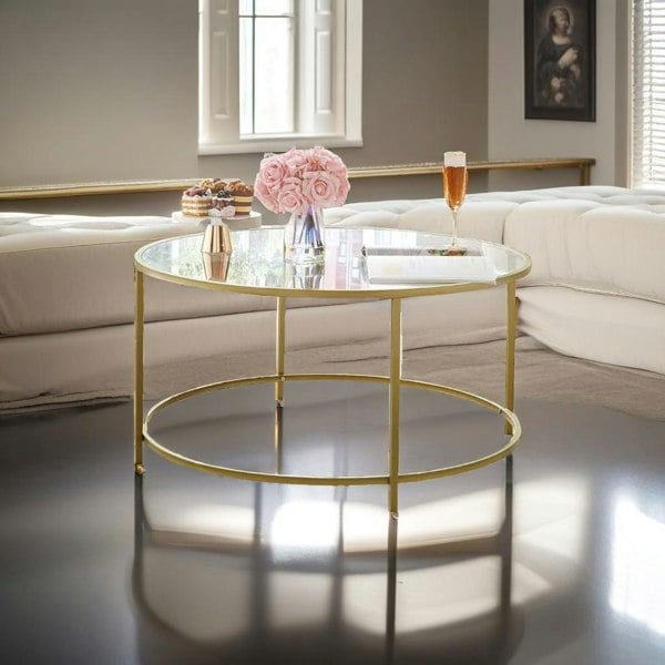 Modcraft Round Glass Coffee Table with Gold Metal Frame – Modern Living Room Centre Table
