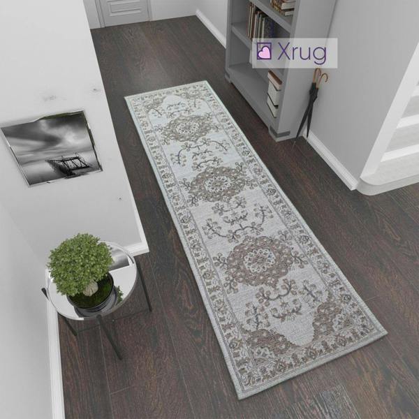 Oriental Rug Runner 100% Cotton Natural Hallway Carpet Washable Natural Woven Mat - 75x300cm - Cream Brown Runner