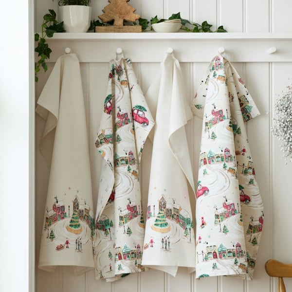 Catherine Lansfield Christmas Town Cotton Kitchen Tea Towel Pack of 4 Natural