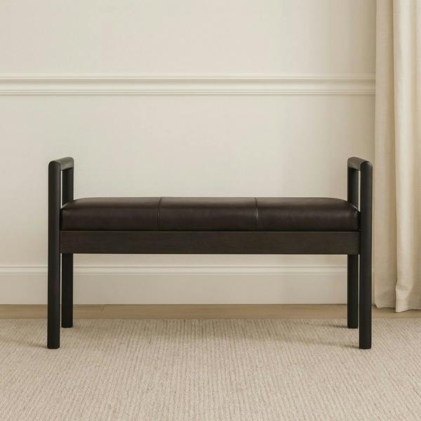 Artisan Furniture Solid Wood Gridline Bench, Upholstered, Dark Brown & Black