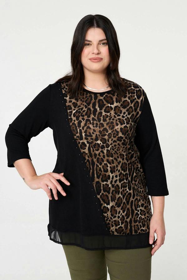 Black | Curve Animal Print Asymmetric Tunic Top