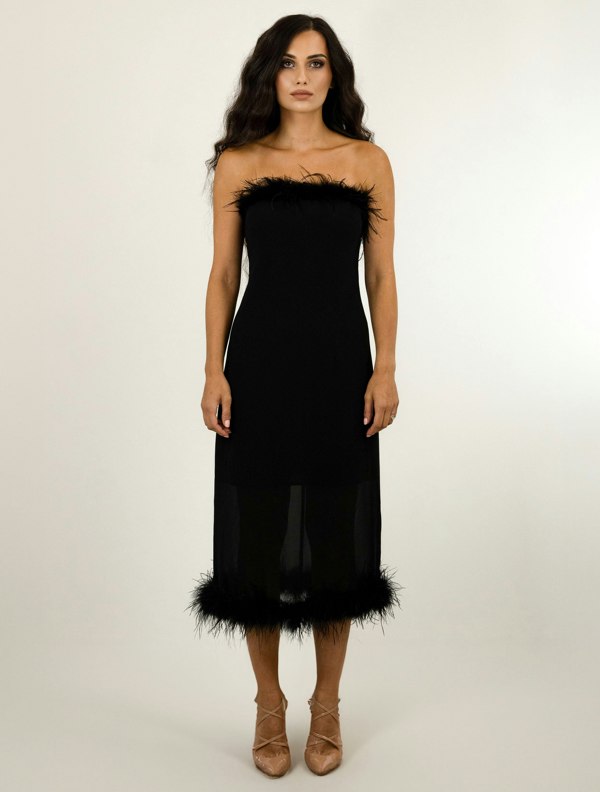 BALOU Ostrich Feather Trimmed Dress - Black