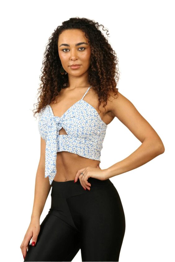 Floral Knot Front Bra let – Sky Blue Flower Print - Blue