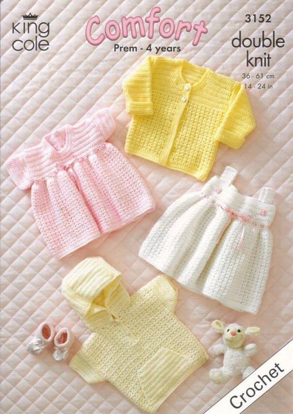King Cole Comfort Crochet Pattern 3152, Dresses, Jackets, Cardigans, Sweaters for Baby, Premature - 4 Years - Intermediate