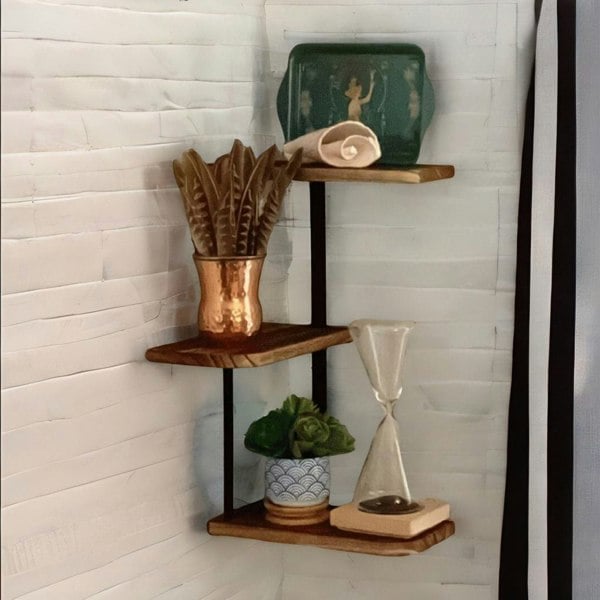 Rafaelo Mobilia 3 Tier Wall Mounted Floating Corner Shelf Rustic Brown
