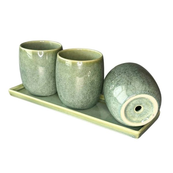 Scandi Home Set of 3 Green Reactive Glazed Ceramic Planters with Tray