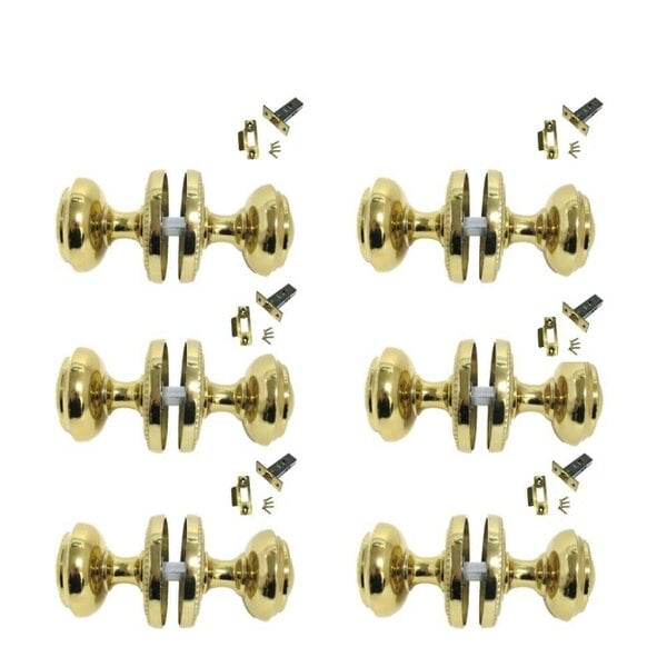 EDH Door Hardware Brass Plated Round Door Knob Set Including Tubular Latch - Georgian Style Sprung Internal & External Door Knobs