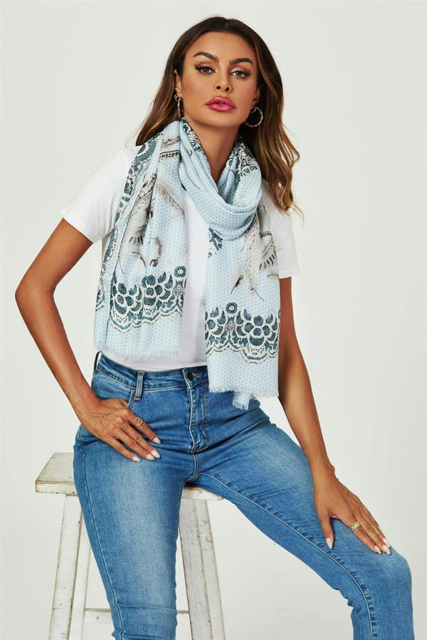 FS Collection Geometric & Feather & Lace Print Scarf In Blue