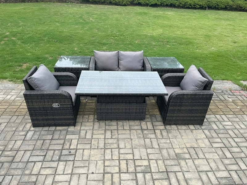 Fimous Outdoor Rattan Garden Furniture Set Height Adjustable Rising lifting Dining Table Love Sofa With 2 Side Tables Chair