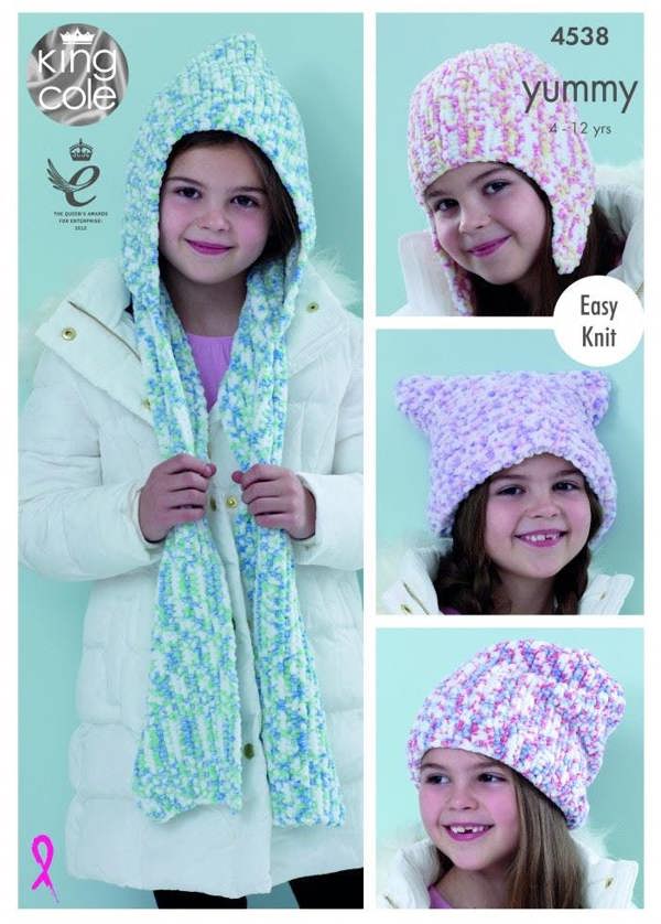 King Cole Yummy Knitting Pattern 4538, Headwear, Scarves for Kids, 4 - 12 Years - Easy