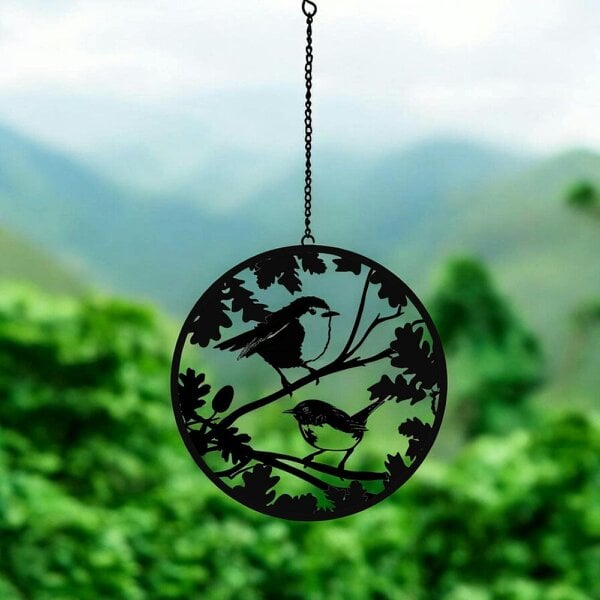 EDH Door Hardware Black Robin & Wren Hanging Mirror Silhouette – 39cm x 23cm | Metal Art Garden Décor | Reflective Hanging Ornament