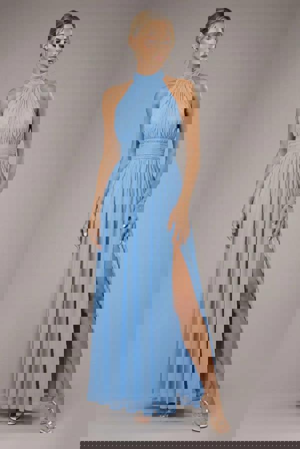 Halter Neck Mesh Tie Maxi Dress - Dusty Blue DR3904