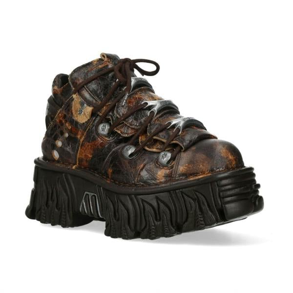 New Rock M-106-C194 Brown Flame Leather Gothic Ankle Platform Boots