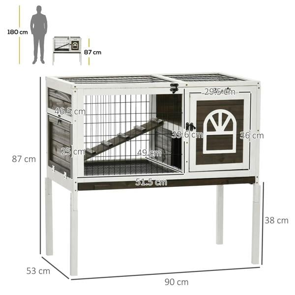 White wooden rabbit hutch with wire grid sides, ramp, and front door