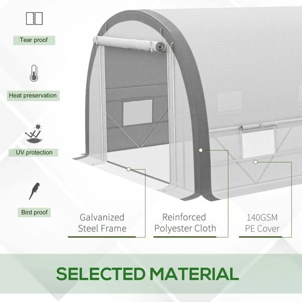 White polytunnel greenhouse with front mesh door, galvanized steel frame, and polyester cover