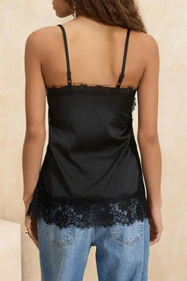 WOVCOR Lace Trimmed Relaxed Fit Satin Party Blouse