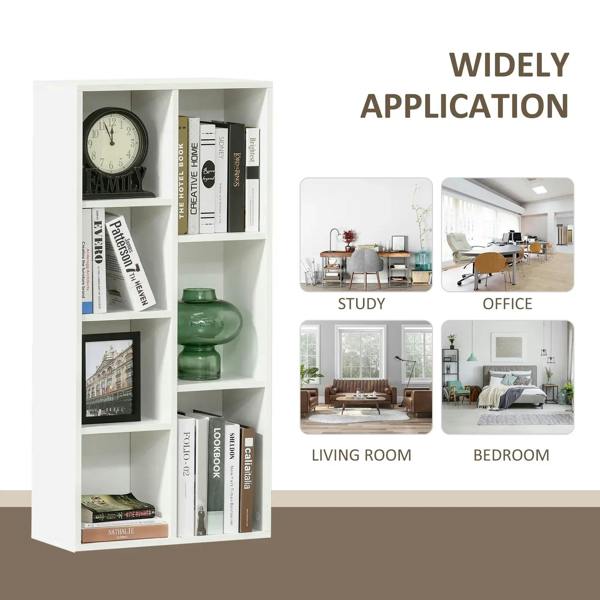 White seven-cube bookcase with open cubbies and top surface for displaying books or decor.