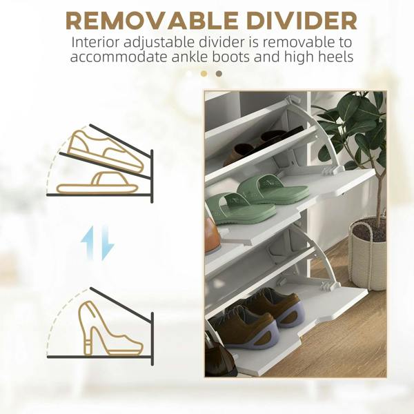 White shoe cabinet interior with removable divider for boots and high heels