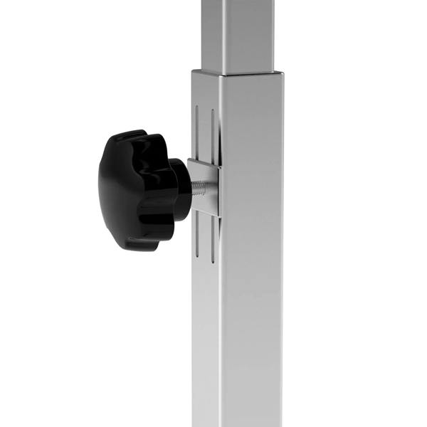 Black height-adjustment knob on silver support post for over-bed table