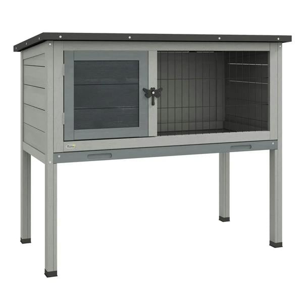 Grey wooden small animal hutch with wire front door and raised legs