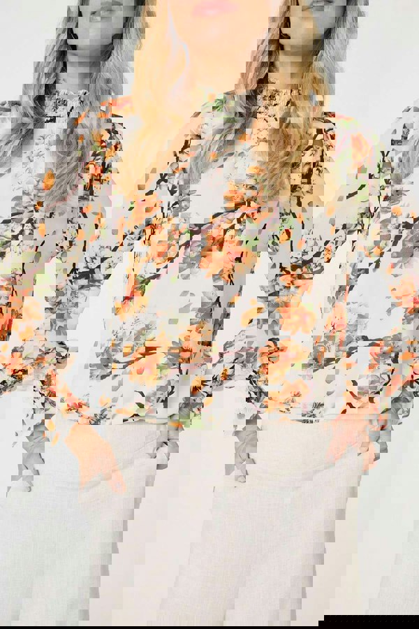 Orange | Floral Shirred High Neck Blouse