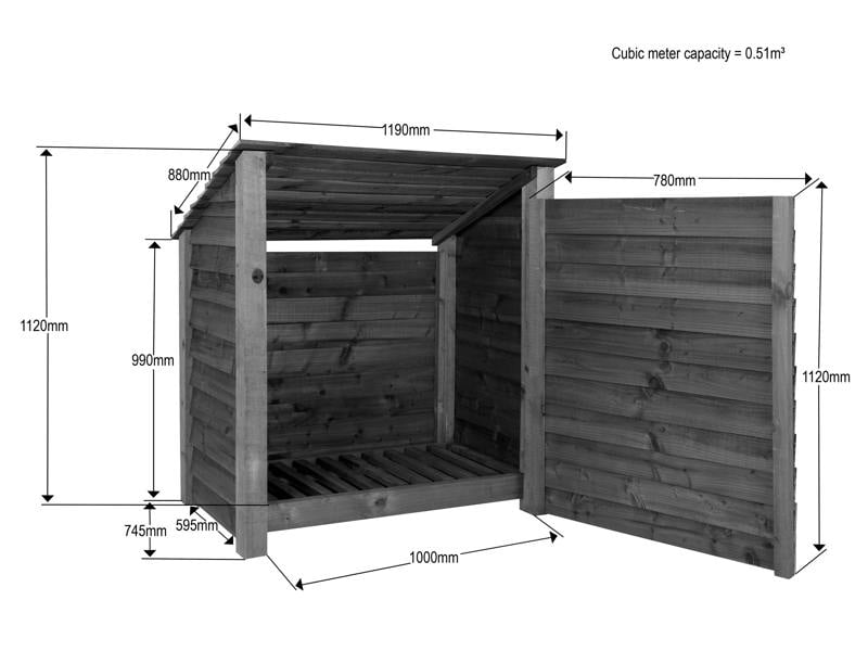 Arbor Garden Solutions Wooden Log Store (Roof Sloping Back) with Door W-119cm, H-126cm Or 180cm, D-88cm