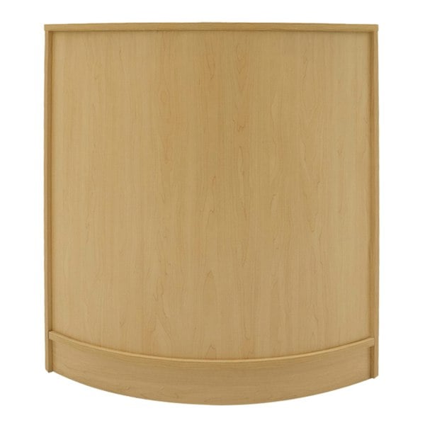 Curved maple LED shop counter set with smooth surface, designed for retail displays, featuring a warm, natural wood finish