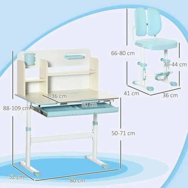 Dimension graphic for kids desk and chair set with blue adjustable height and seat ranges