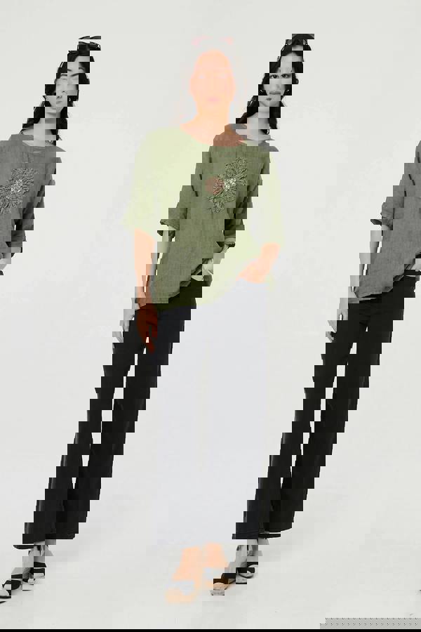 Khaki | Sequin Textured Detail Relaxed Top