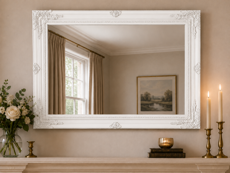 Downton Interiors Large Antique Style White Wood Frame Wall Mirror 90cm x 65cm
