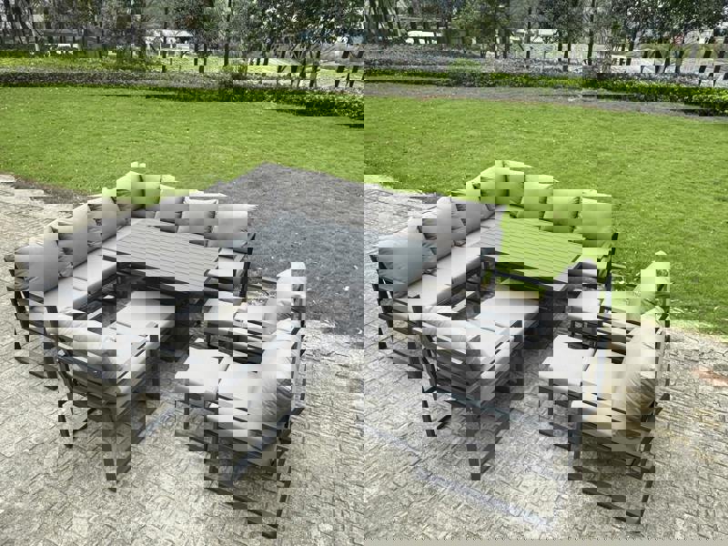 Fimous 13 Seater Aluminium L-shaped Garden Furniture Set with Adjustable Rising Dining Table, 3 Footstools, 3 Chairs - Dark Grey